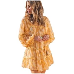 Free People Women’s M Free Swinging Dress Bohemian Tiered Metallic Silver Floral